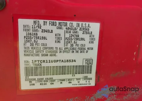 1993 Ford Ranger z USA, uszkodzony, nr VIN 1FTCR11U0PTA18534